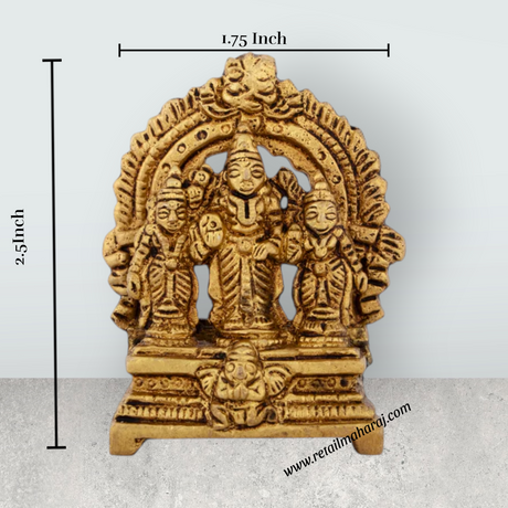 Balaji Murti With Sridevi Bhudevi Standing On Base - 2.5 x 1.75 Inches | Antique Brass Idol With Arch for Pooja - Retail Maharaj