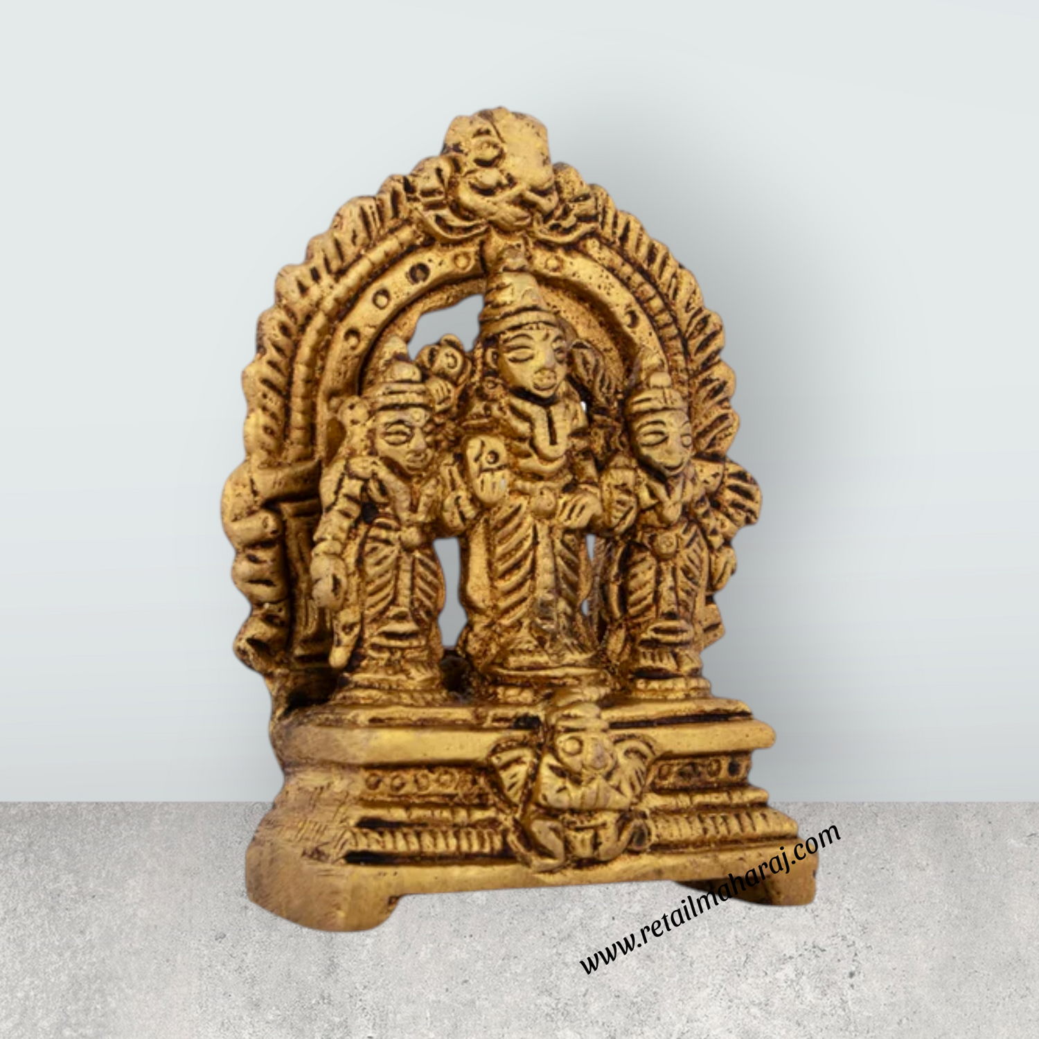 Balaji Murti With Sridevi Bhudevi Standing On Base - 2.5 x 1.75 Inches | Antique Brass Idol With Arch for Pooja - Retail Maharaj