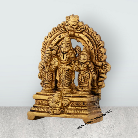 Balaji Murti With Sridevi Bhudevi Standing On Base - 2.5 x 1.75 Inches | Antique Brass Idol With Arch for Pooja - Retail Maharaj