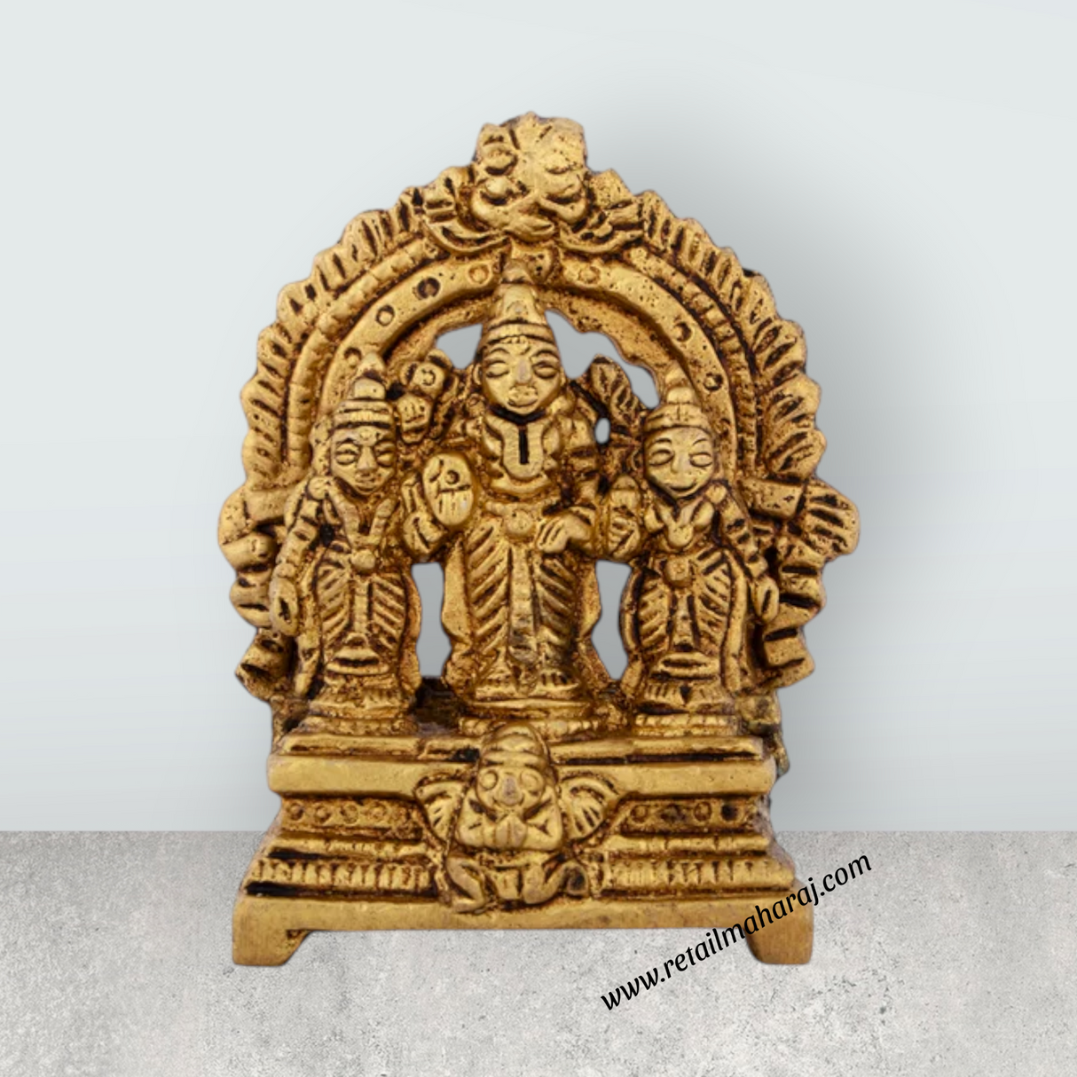 Balaji Murti With Sridevi Bhudevi Standing On Base - 2.5 x 1.75 Inches | Antique Brass Idol With Arch for Pooja - Retail Maharaj