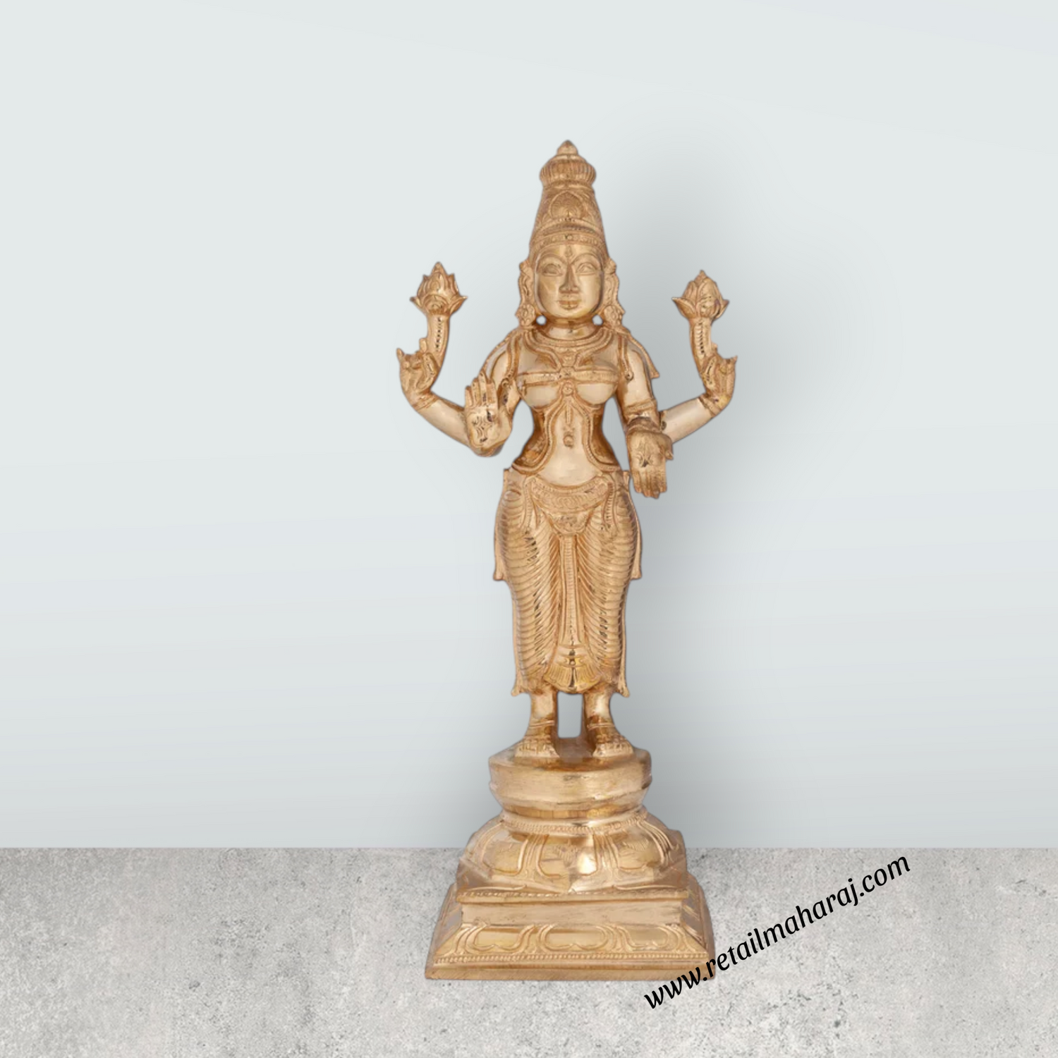 Lakshmi Standing On Base Murti - 12 x 6 Inches | Panchaloha Idol / Lakshmi Statue For Pooja - Retail Maharaj