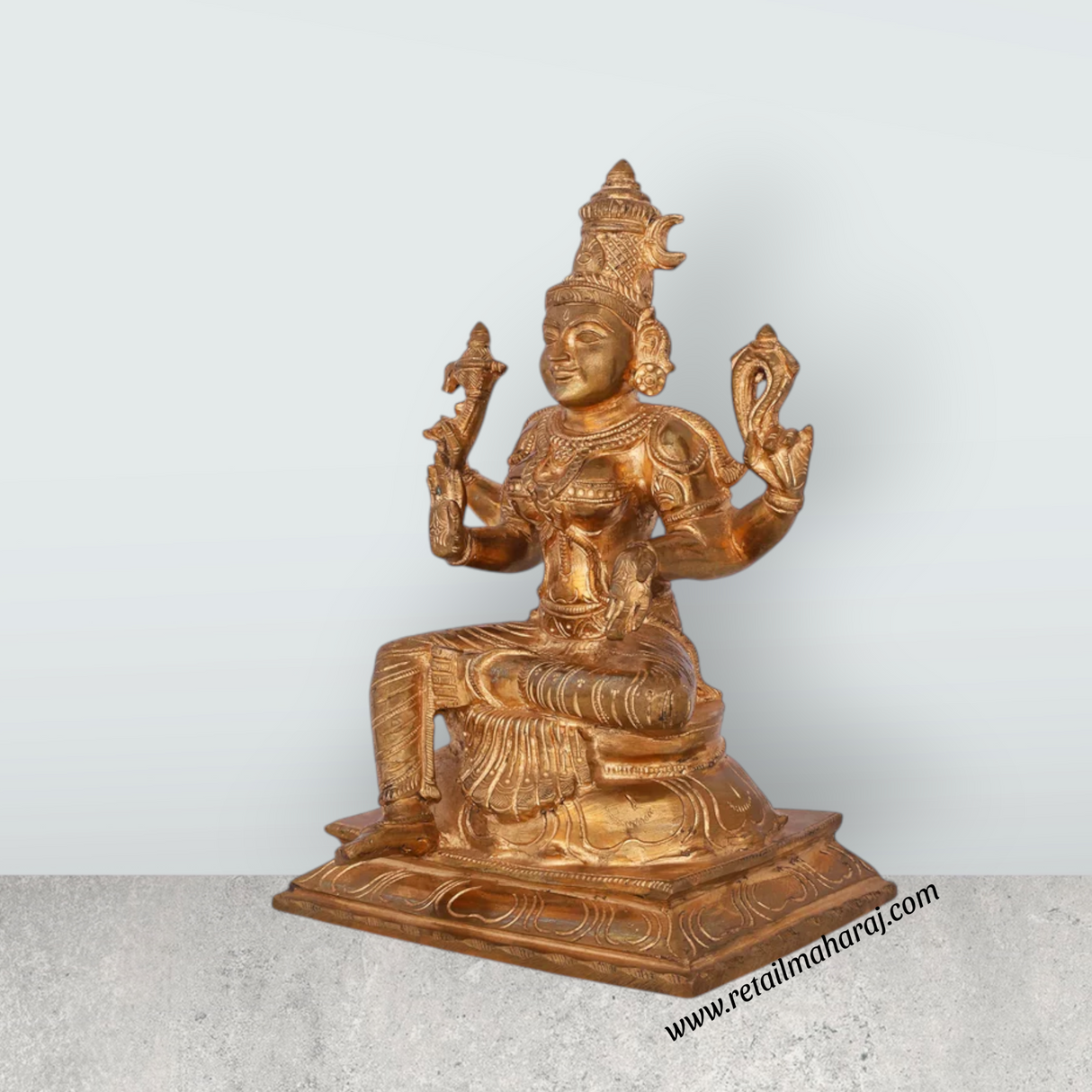 Bhuvaneshwari Sitting On Base Murti - 9 x 6 Inches | Panchaloha Idol / Bhuvaneshwari Statue For Pooja - Retail Maharaj