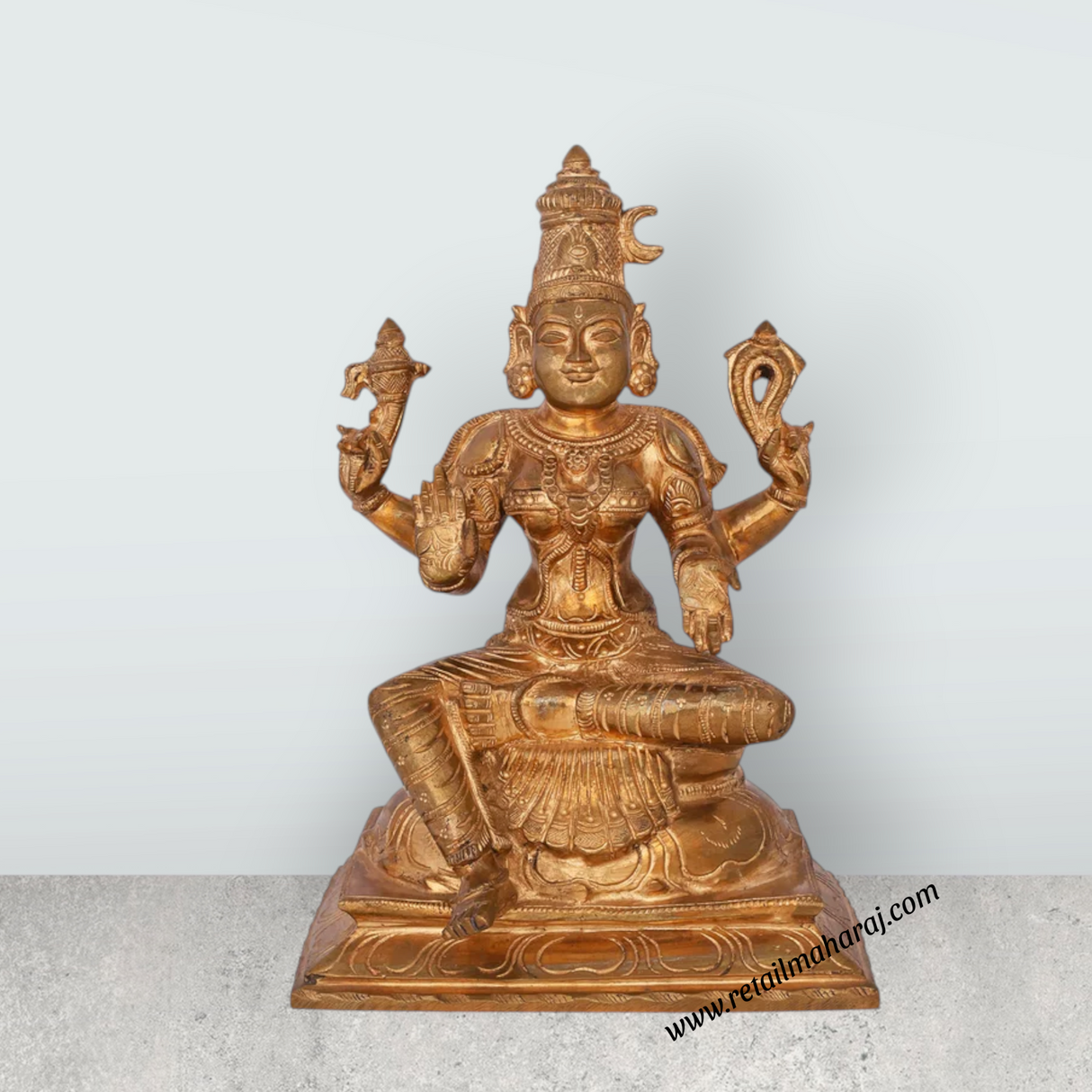 Bhuvaneshwari Sitting On Base Murti - 9 x 6 Inches | Panchaloha Idol / Bhuvaneshwari Statue For Pooja - Retail Maharaj