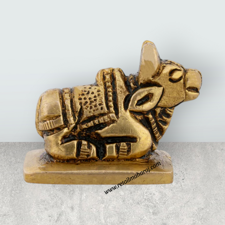 Nandi Statue With Base - 1 x 1.5 Inches | Antique Brass Idol/ Nandhi Statue for Pooja/ 80 Gms Approx - Retail Maharaj