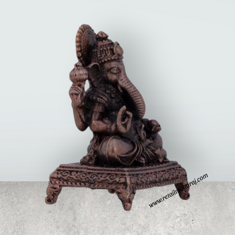 Ganesh Statue Sitting on Chowki – 2 x 1.5 Inches Copper Vinayaka Idol - Retail Maharaj