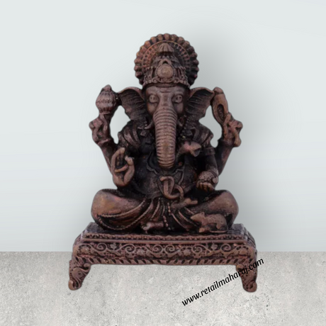 Ganesh Statue Sitting on Chowki – 2 x 1.5 Inches Copper Vinayaka Idol - Retail Maharaj