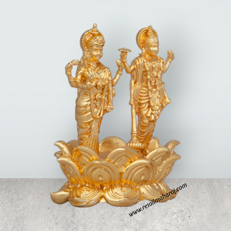 Laxmi Vishnu Murti – 1.75 x 1.5 Inches Copper Idol Gold Polish Lakshmi Vishnu Idol for Pooja - Retail Maharaj