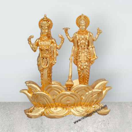 Laxmi Vishnu Murti – 1.75 x 1.5 Inches Copper Idol Gold Polish Lakshmi Vishnu Idol for Pooja - Retail Maharaj