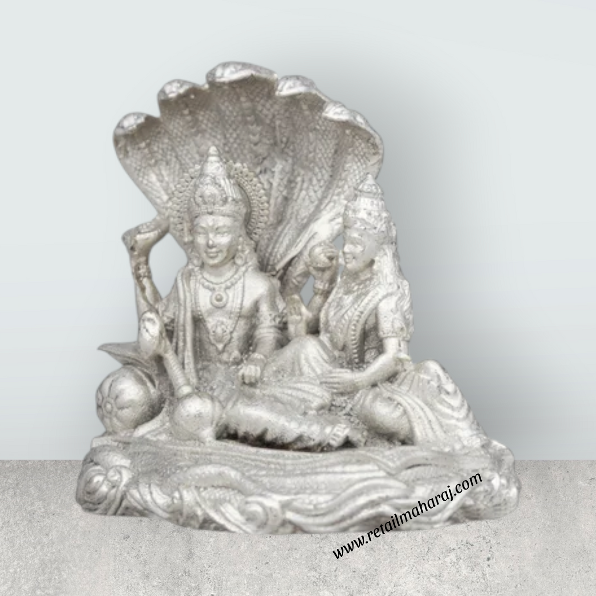 Laxmi Vishnu Murti Sitting on Sheshnag - 1.25 x 1.5 Inches | Copper Idol/ Silver Polish Lakshmi Vishnu Idol - Retail Maharaj