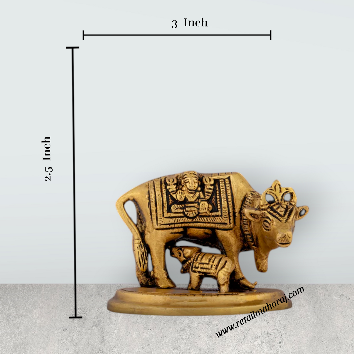 Cow and Calf Statue - 2.5 x 3 Inches | Antique Brass Statue/ Kamadhenu Statue for Pooja/ 520 Gms Approx - Retail Maharaj