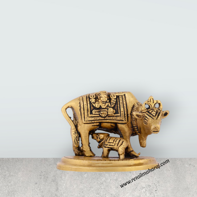 Cow and Calf Statue - 2.5 x 3 Inches | Antique Brass Statue/ Kamadhenu Statue for Pooja/ 520 Gms Approx - Retail Maharaj
