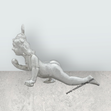 Crawling Krishna Idol - 1 x 2.5 Inches | Copper Idol/ Silver Polish Krishnan Statue for Pooja/ 35 Gms Approx - Retail Maharaj