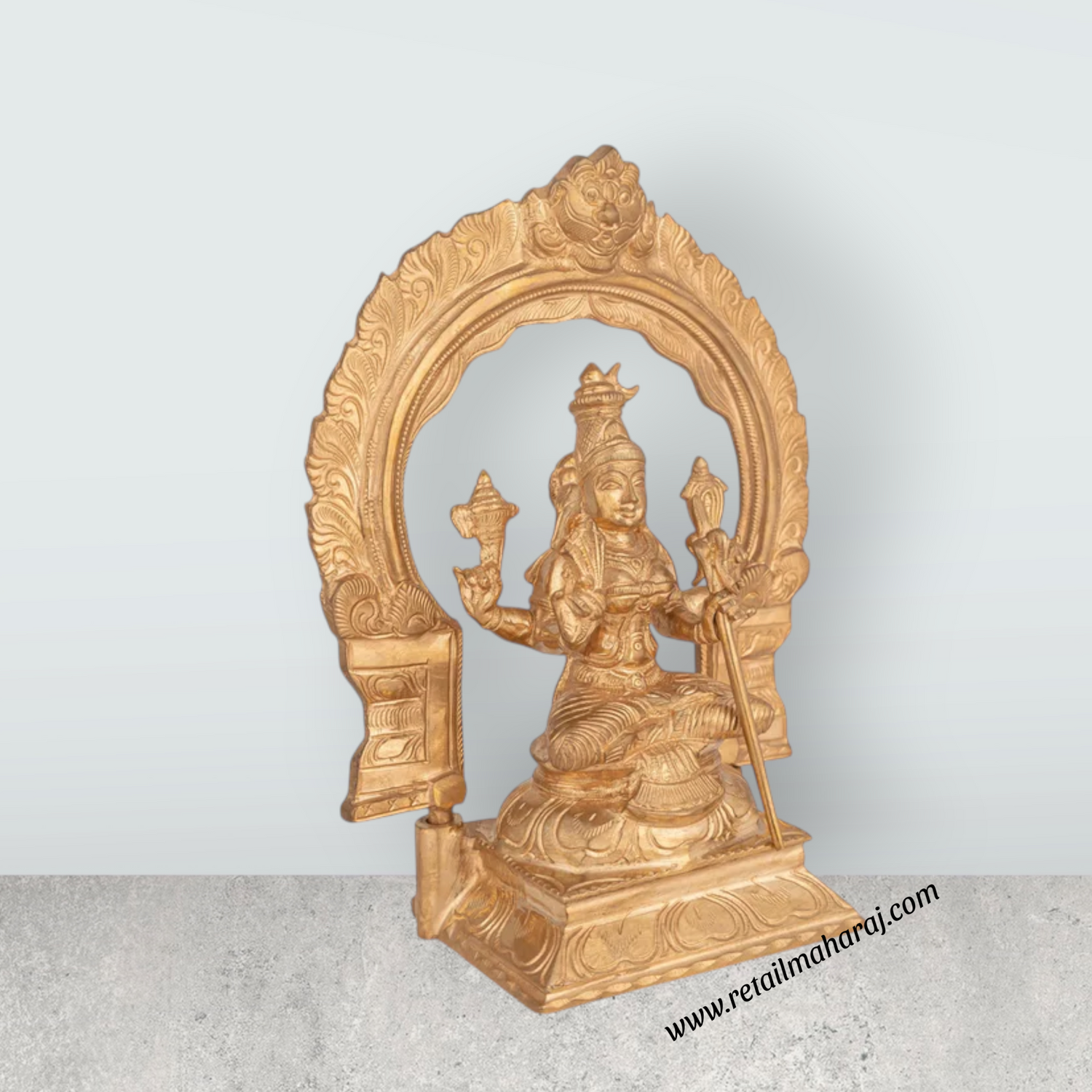 Kamakshi Sitting on Base with Arch Murti - 8.5 x 6.5 Inches | Panchaloha Idol / Kamatchi Amman Statue for Pooja - Retail Maharaj