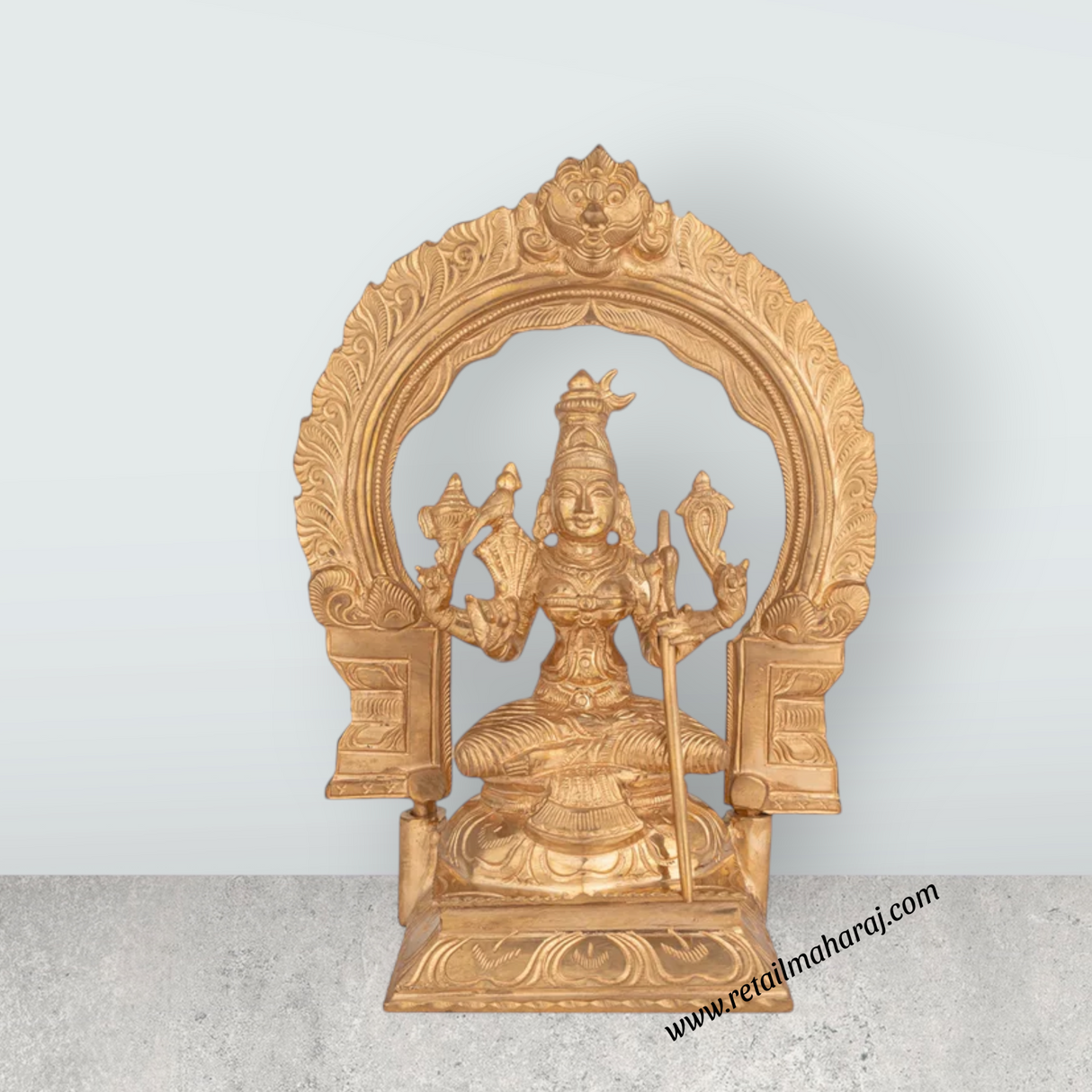 Kamakshi Sitting on Base with Arch Murti - 8.5 x 6.5 Inches | Panchaloha Idol / Kamatchi Amman Statue for Pooja - Retail Maharaj