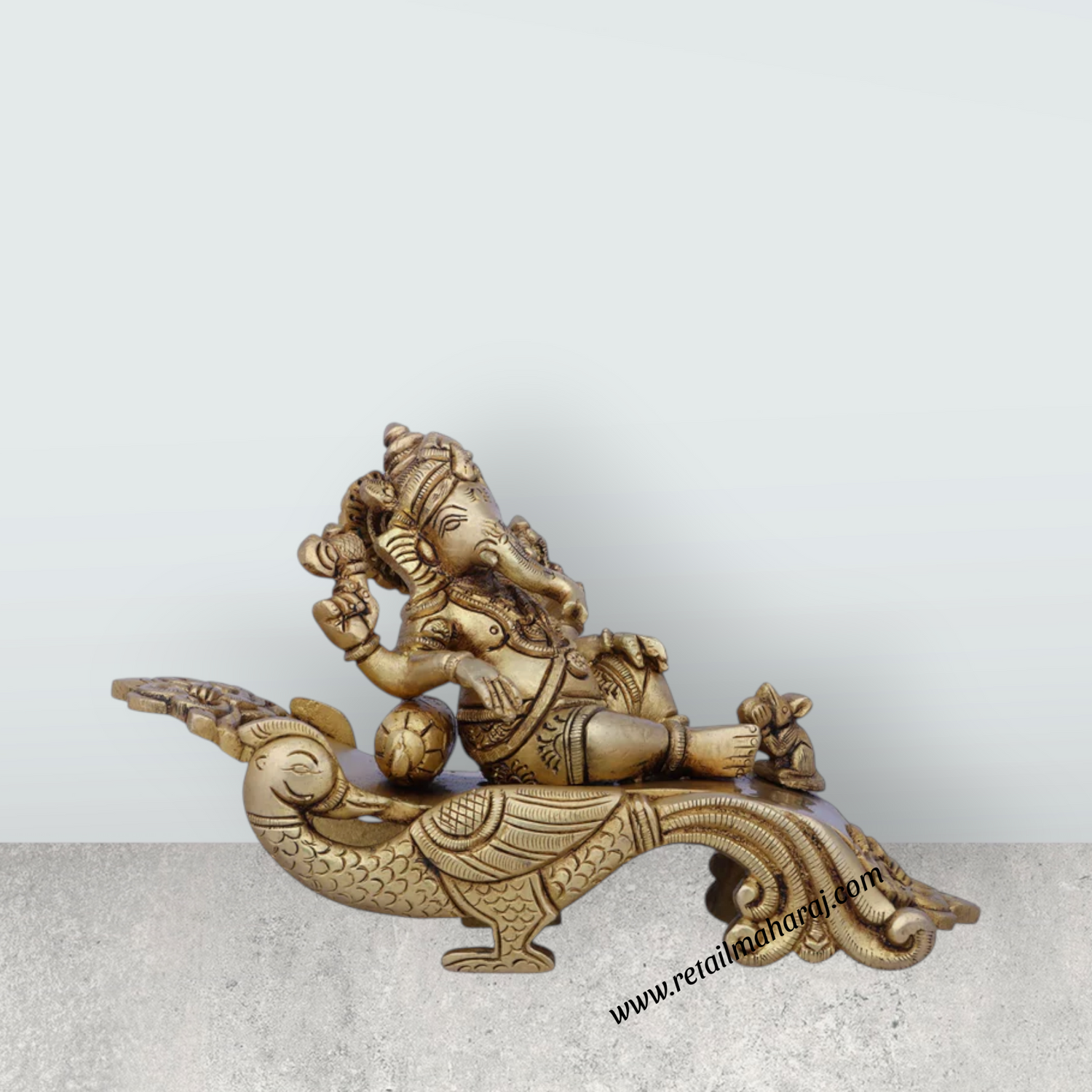 Ganesh Murti Sitting Peacock Sinhasan - 4.5 x 7 Inches | Antique Brass Idol/ Ganapati Idol for Pooja/ 1.280 Kgs - Retail Maharaj