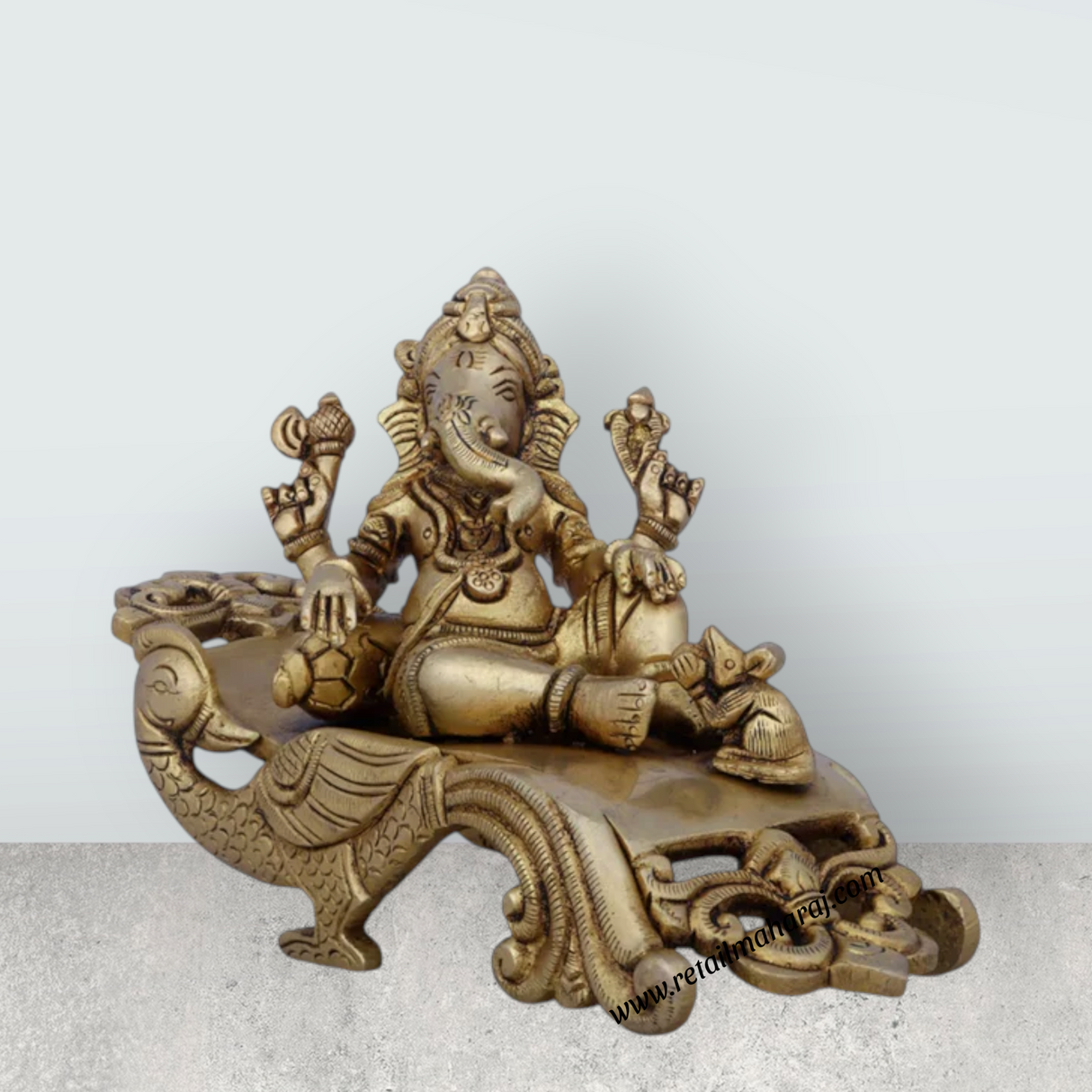 Ganesh Murti Sitting Peacock Sinhasan - 4.5 x 7 Inches | Antique Brass Idol/ Ganapati Idol for Pooja/ 1.280 Kgs - Retail Maharaj