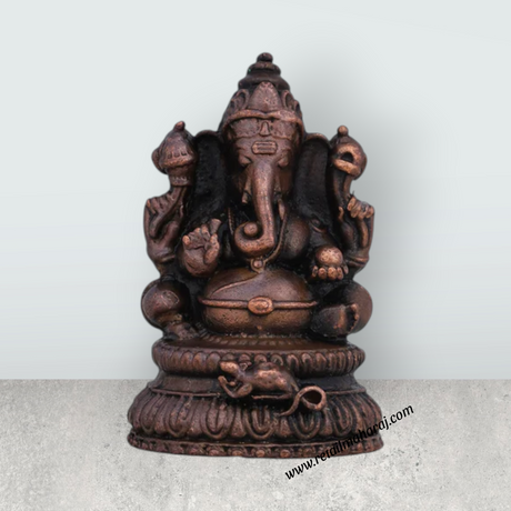 Ganesh Murti Sitting On Base - 2 x 1 Inches | Copper Idol/ Ganpati Murti/ Ganesha Statue for Pooja - Retail Maharaj