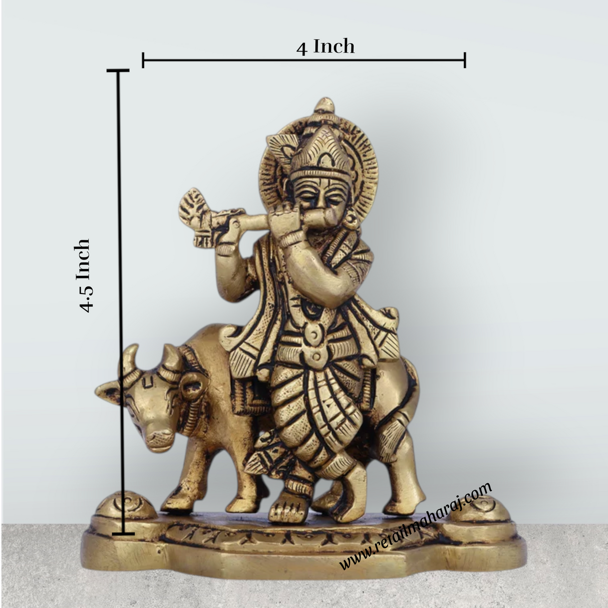 Krishna Murti With Cow - 4.5 x 4 Inches | Antique Brass Idol/ Standing Krishna Idol for Pooja/ 575 Gms Approx