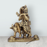 Krishna Murti With Cow - 4.5 x 4 Inches | Antique Brass Idol/ Standing Krishna Idol for Pooja/ 575 Gms Approx