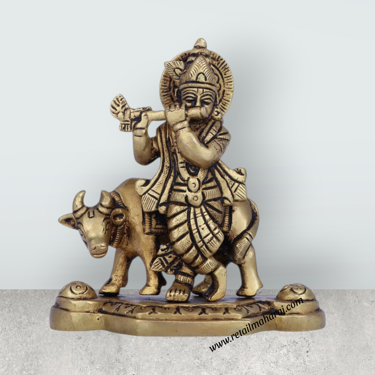 Krishna Murti With Cow - 4.5 x 4 Inches | Antique Brass Idol/ Standing Krishna Idol for Pooja/ 575 Gms Approx