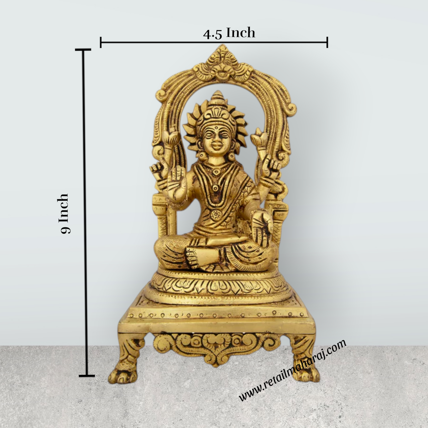Lakshmi Idol With Arch - 9 x 4.5 Inches | Brass Idol/ Laxmi Murti Sitting On Chowki for Pooja/ 2.160 Kgs - Retail Maharaj