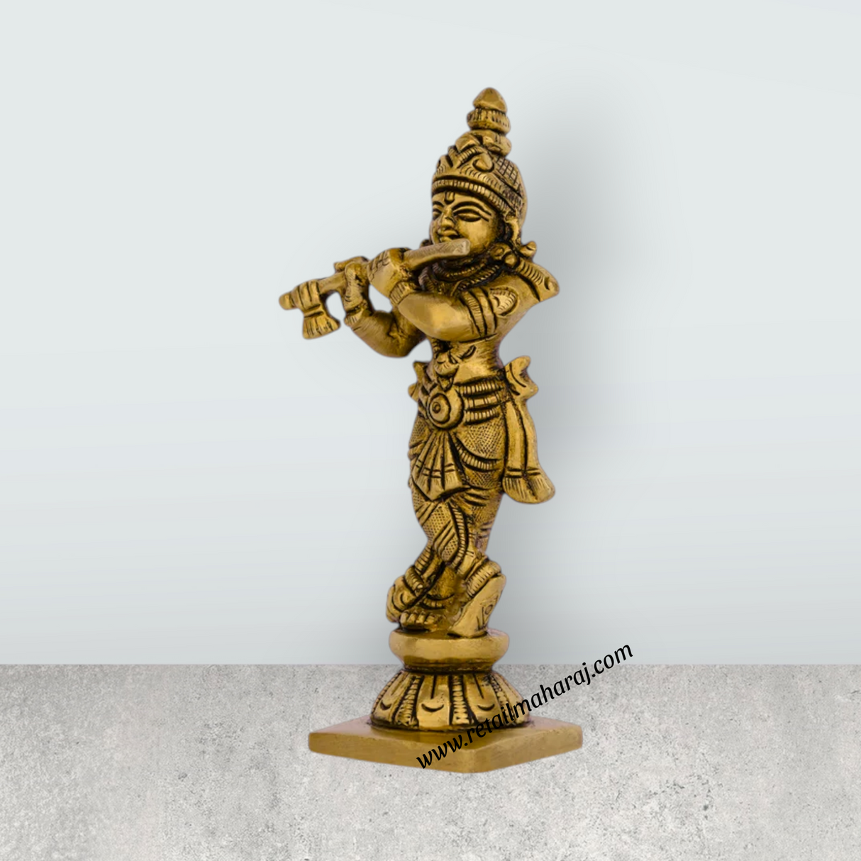 Krishna Murti With Flute Standing On Base – 5 X 2 Inches | Krishna Idol/ Antique Brass Idol For Worship - Retail Maharaj