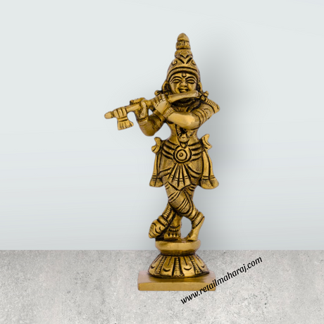 Krishna Murti With Flute Standing On Base – 5 X 2 Inches | Krishna Idol/ Antique Brass Idol For Worship - Retail Maharaj