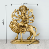 Durga Idol Sitting On Lion With Base - 3.5 x 2.5 Inches | Antique Brass Idol/ Durga Murti With 8 Hands for Pooja - Retail Maharaj