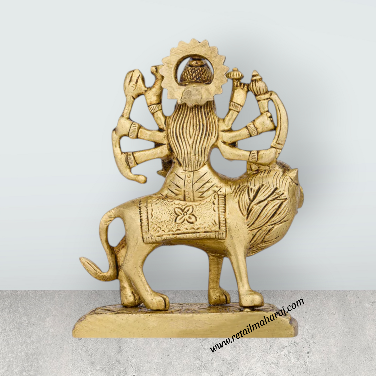 Durga Idol Sitting On Lion With Base - 3.5 x 2.5 Inches | Antique Brass Idol/ Durga Murti With 8 Hands for Pooja - Retail Maharaj