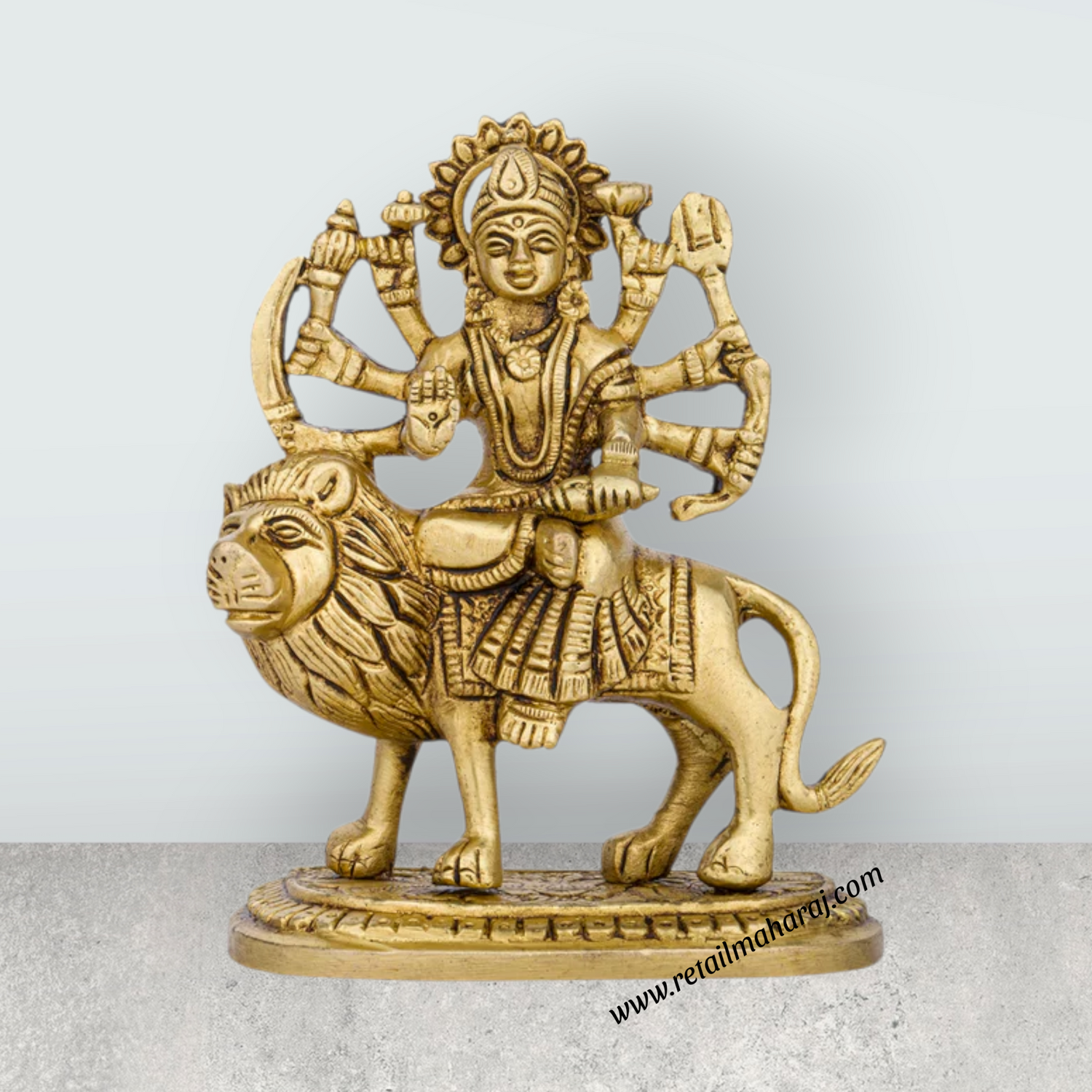 Durga Idol Sitting On Lion With Base - 3.5 x 2.5 Inches | Antique Brass Idol/ Durga Murti With 8 Hands for Pooja - Retail Maharaj