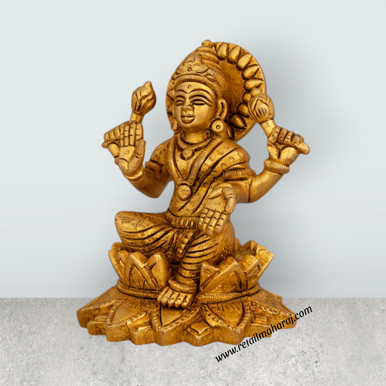 Lakshmi Idol Sitting On Lotus - 4.5 x 3.5 Inches | Antique Brass Idol/ Laxmi Idol for Pooja/ 865 Gms Approx - Retail Maharaj
