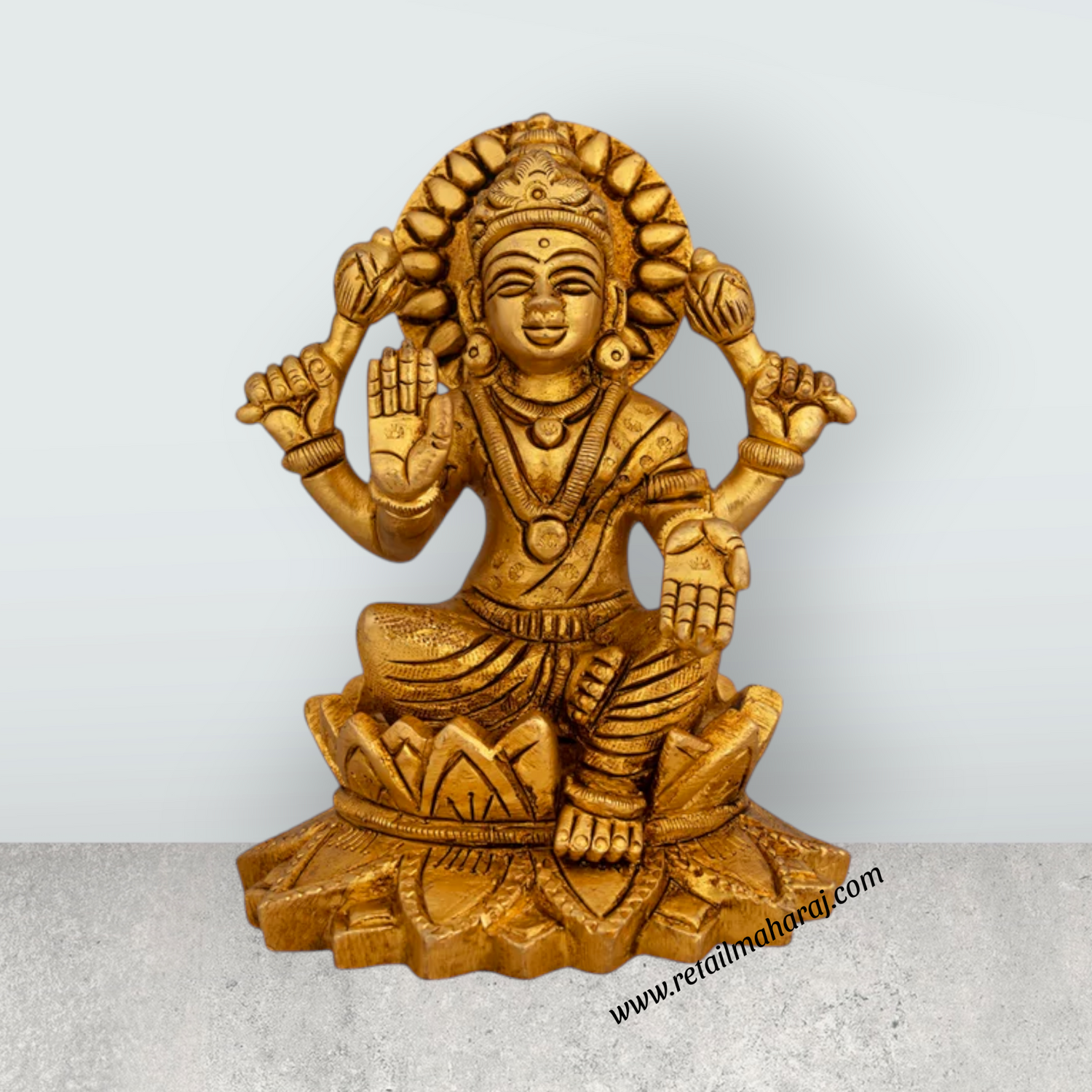 Lakshmi Idol Sitting On Lotus - 4.5 x 3.5 Inches | Antique Brass Idol/ Laxmi Idol for Pooja/ 865 Gms Approx - Retail Maharaj