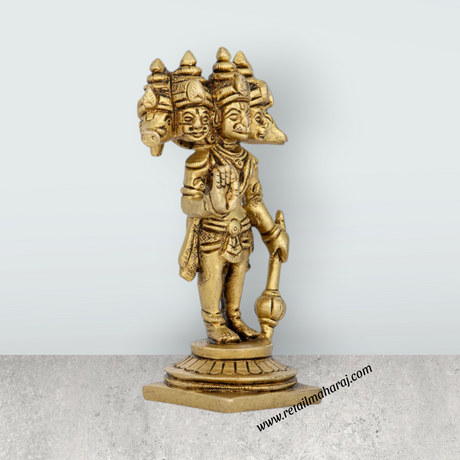 Panchmukhi Hanuman Murti Standing On Base - 4.5 x 2.5 Inches | Antique Brass Idol/ 5 Face Anjaneya Statue for Pooja - Retail Maharaj