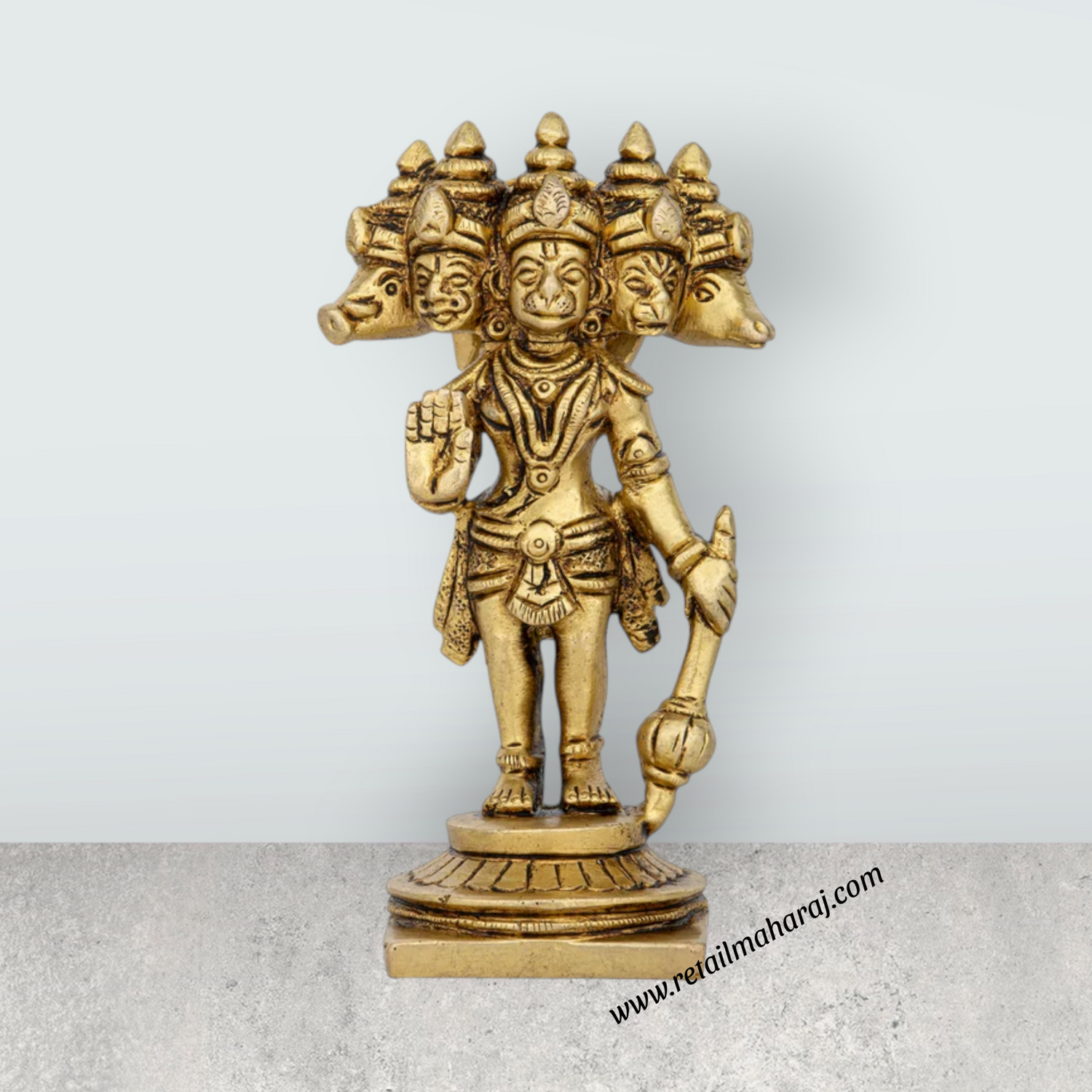 Panchmukhi Hanuman Murti Standing On Base - 4.5 x 2.5 Inches | Antique Brass Idol/ 5 Face Anjaneya Statue for Pooja - Retail Maharaj