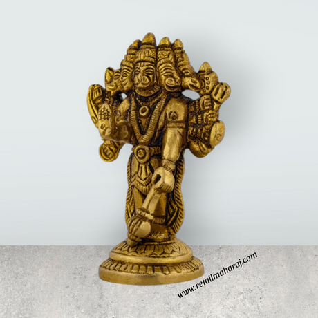 Panchmukhi Hanuman Murti Standing On Base - 4 x 2.5 Inches | Antique Brass Idol/ 5 Face Anjaneya Statue for Pooja - Retail Maharaj