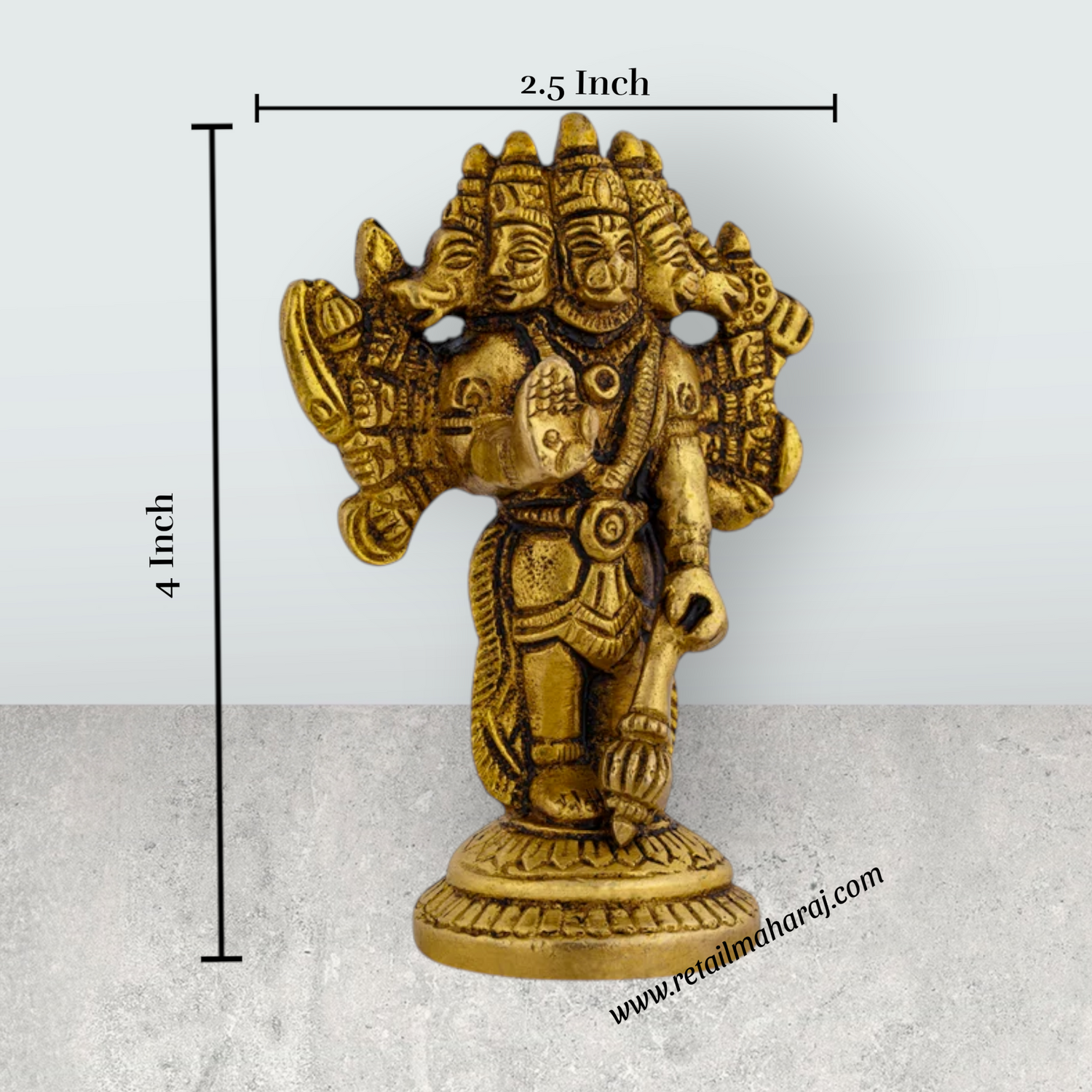 Panchmukhi Hanuman Murti Standing On Base - 4 x 2.5 Inches | Antique Brass Idol/ 5 Face Anjaneya Statue for Pooja - Retail Maharaj
