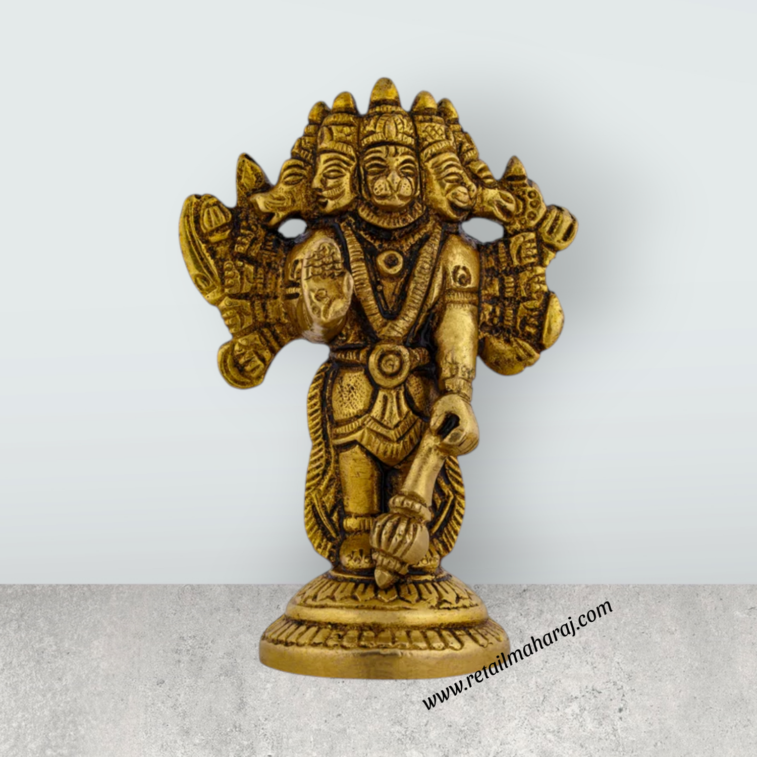 Panchmukhi Hanuman Murti Standing On Base - 4 x 2.5 Inches | Antique Brass Idol/ 5 Face Anjaneya Statue for Pooja - Retail Maharaj