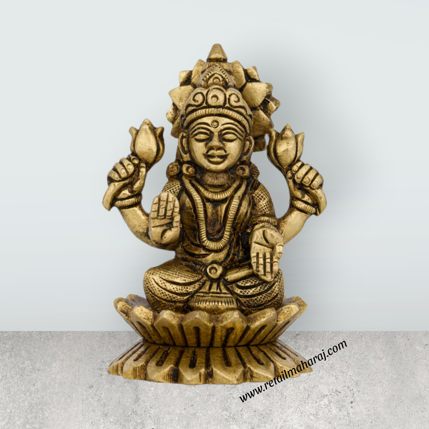 Lakshmi Idol Sitting On Lotus - 3 x 2 Inches | Antique Brass Idol/ Laxmi Murti for Pooja/ 290 Gms Approx - Retail Maharaj