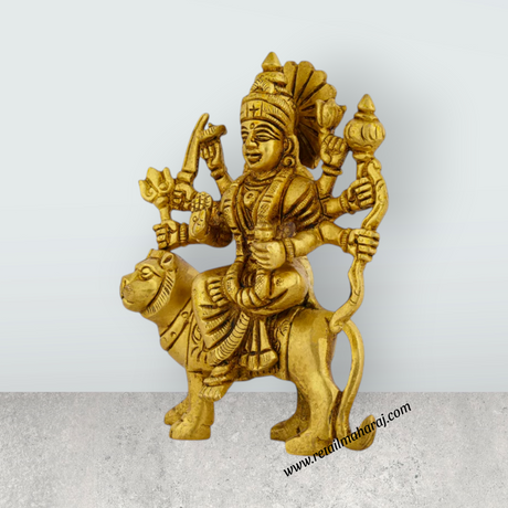 Durga Idol Sitting On Tiger - 4.5 x 3.5 Inches | Antique Brass Idol/ Durga Murti for Pooja/ 490 Gms Approx - Retail Maharaj