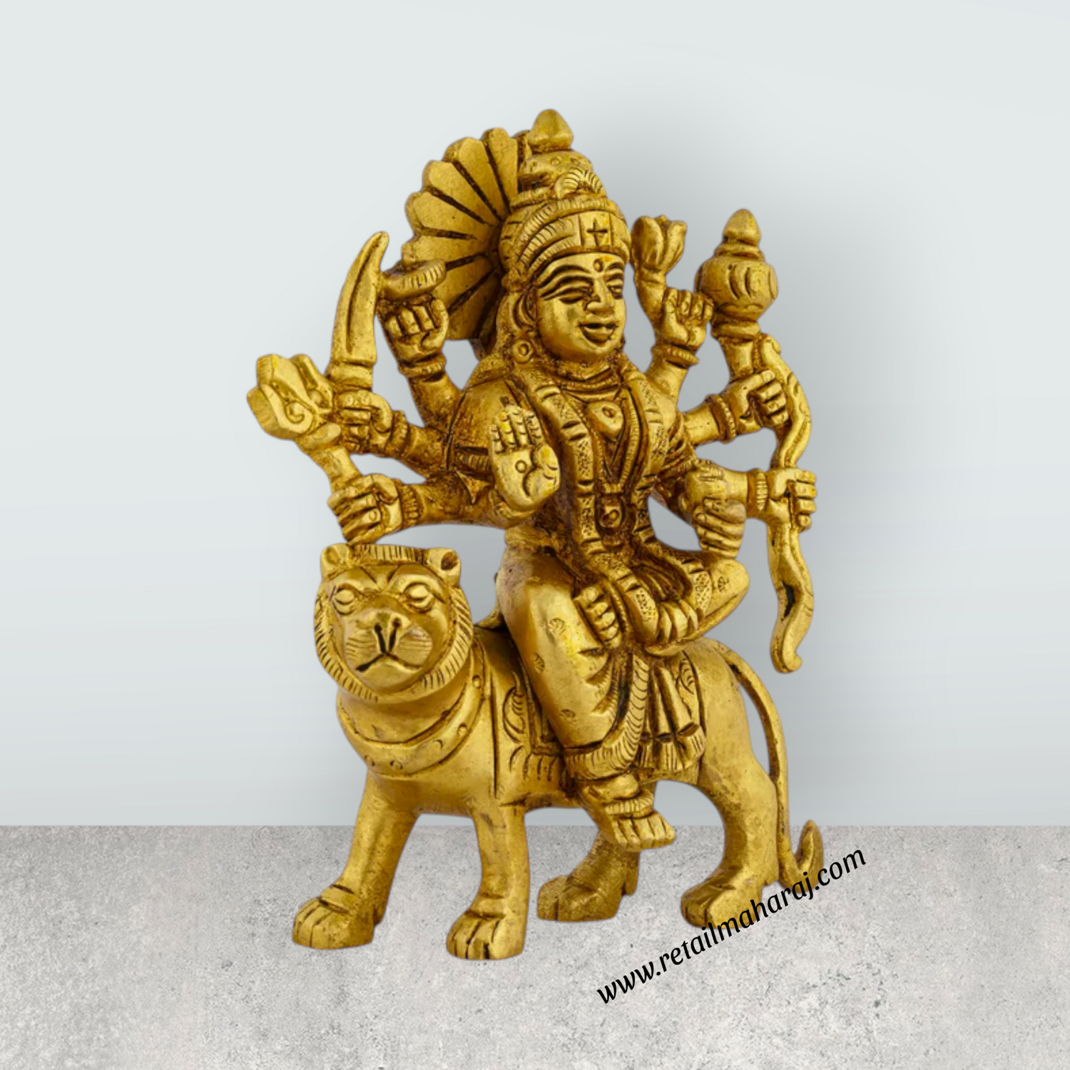 Durga Idol Sitting On Tiger - 4.5 x 3.5 Inches | Antique Brass Idol/ Durga Murti for Pooja/ 490 Gms Approx - Retail Maharaj