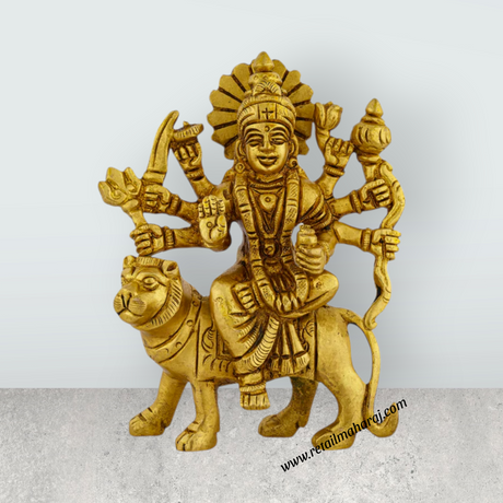 Durga Idol Sitting On Tiger - 4.5 x 3.5 Inches | Antique Brass Idol/ Durga Murti for Pooja/ 490 Gms Approx - Retail Maharaj