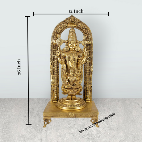 Vishnu Lakshmi Idol With Arch Standing On Chowki - 26 x 12 Inches | Antique Brass Idol/ Balaji Murti With Laxmi Idol - Retail Maharaj