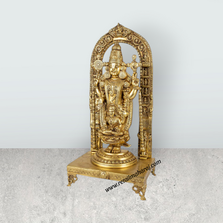 Vishnu Lakshmi Idol With Arch Standing On Chowki - 26 x 12 Inches | Antique Brass Idol/ Balaji Murti With Laxmi Idol - Retail Maharaj