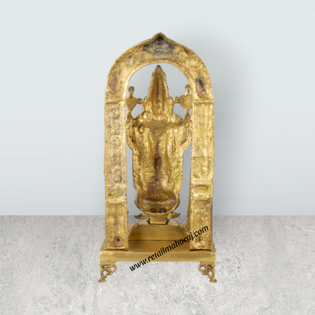 Vishnu Lakshmi Idol With Arch Standing On Chowki - 26 x 12 Inches | Antique Brass Idol/ Balaji Murti With Laxmi Idol - Retail Maharaj