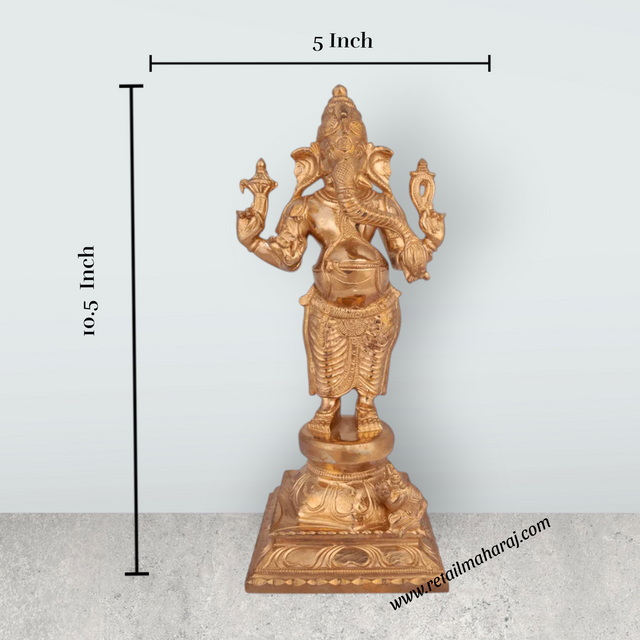 Ganesha Standing On Base Murti - 10.5 x 5 Inches | Panchaloha Idol/ Ganapathi Statue Decor for Home & Pooja - Retail Maharaj