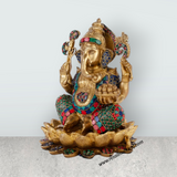 Ganesh Murti Sitting On Lotus Base - 12 x 8 Inches | Antique Brass Idol/ Coloured Ganpati Murti for Worship
