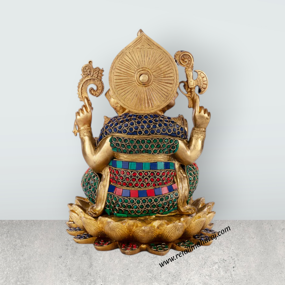 Ganesh Murti Sitting On Lotus Base - 12 x 8 Inches | Antique Brass Idol/ Coloured Ganpati Murti for Worship