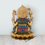Ganesh Murti Sitting On Lotus Base - 12 x 8 Inches | Antique Brass Idol/ Coloured Ganpati Murti for Worship