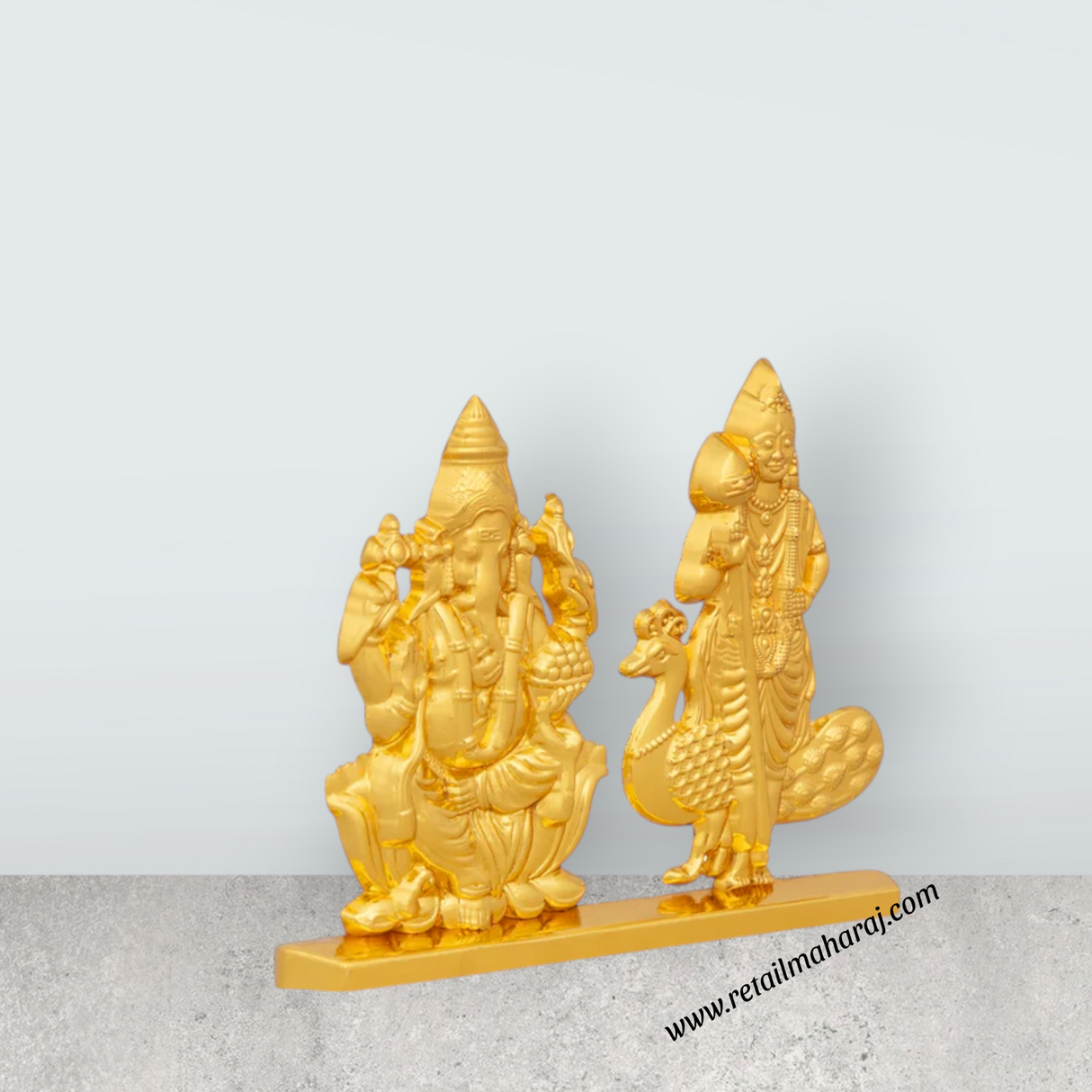 Ganesh Murti And Murugan Murti With Base - 2.25 x 3 Inches | Zinc And Gold Polish Showpiece for Car Decor - Retail Maharaj