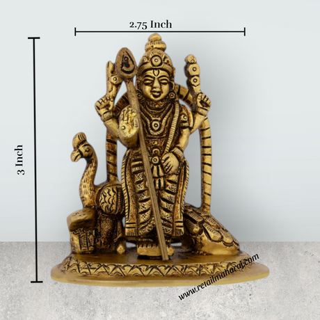 Murugan Statue With Peacock - 3 x 2.75 Inches | Antique Brass Murugan Idol/ Standing Murugan Silai for Pooja - Retail Maharaj